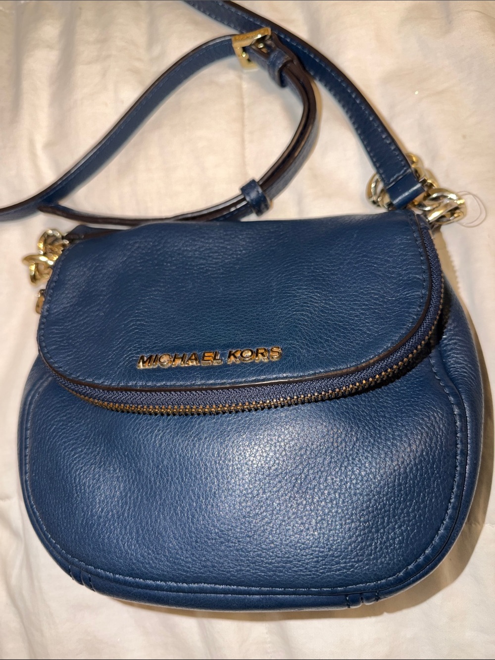 Michael Kors Blue Pebbled Leather Crossbody with Gold Hardware